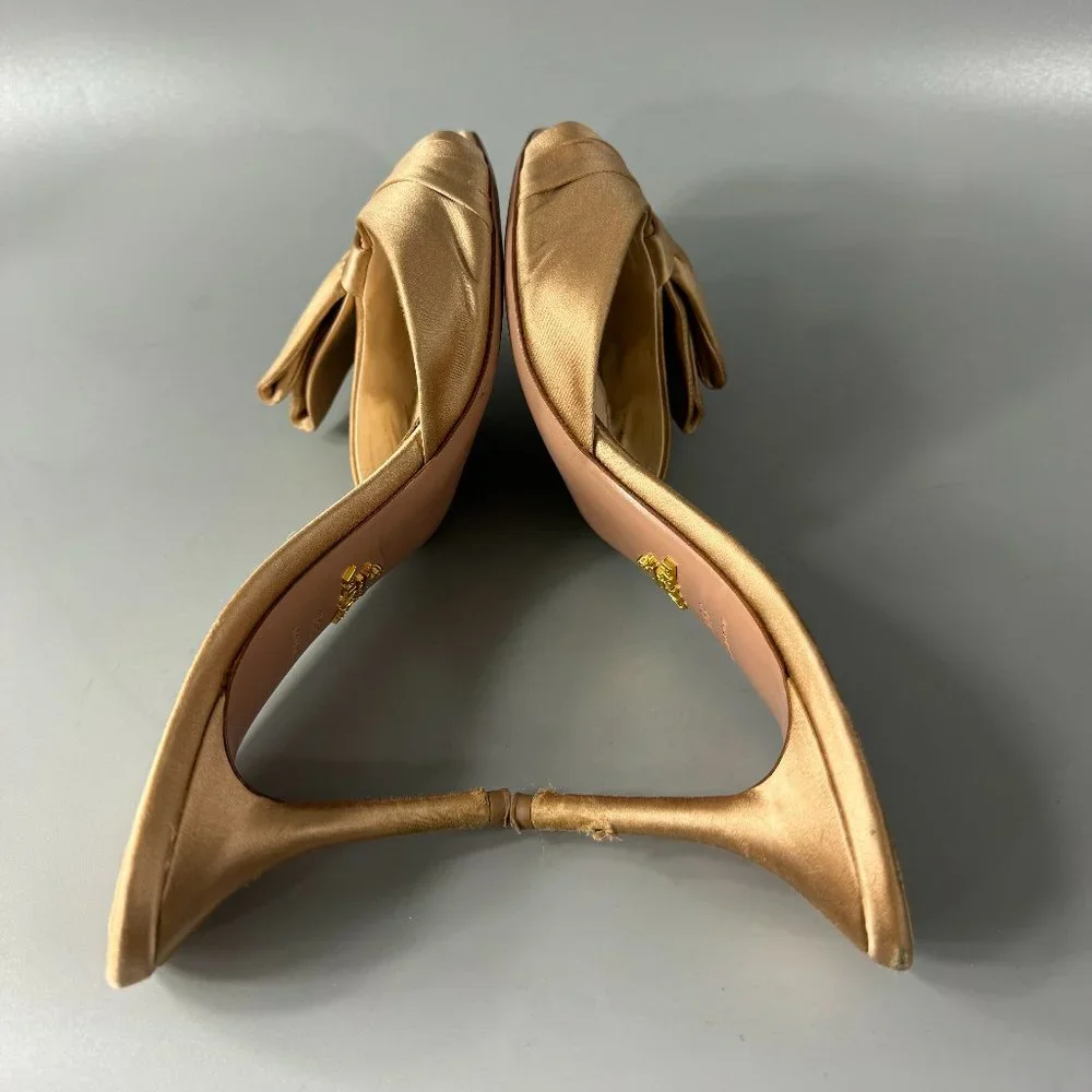 Authentic Prada Gold Silk Evening Mules with Asymmetric Bow, Size 39 1/2 - Picture 8 of 14